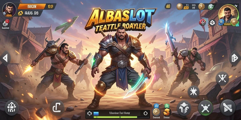 Tangkapan layar utama ALBASLOT menampilkan aksi intens dalam pertempuran Battle Royale.