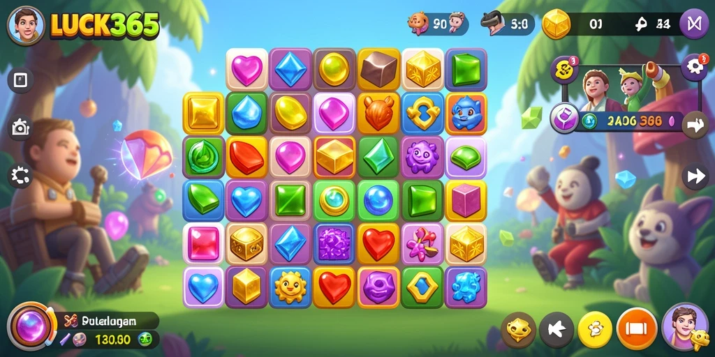 Tangkapan layar gameplay LUCK365 yang penuh warna dan seru dalam permainan Match-3.