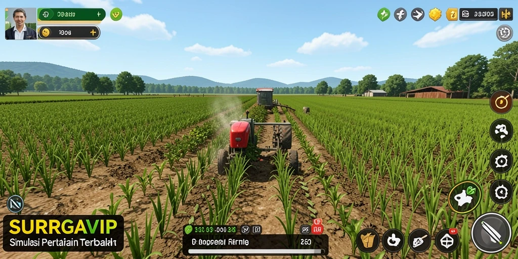 Tampilan gameplay SURGAVIP yang menggambarkan aktivitas pertanian yang menarik.