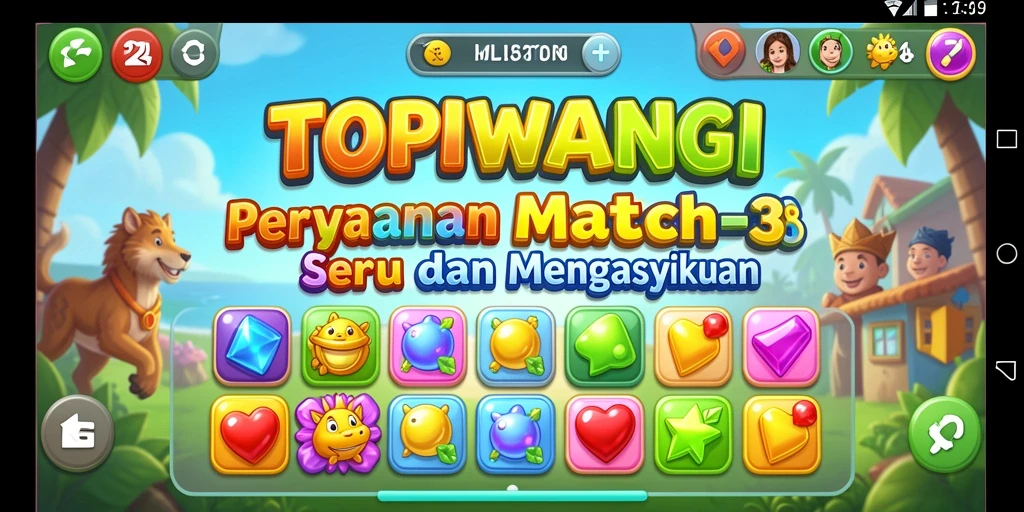 Screenshot permainan <strong>TOPIWANGI</strong> menampilkan gameplay seru Match-3 yang penuh warna.